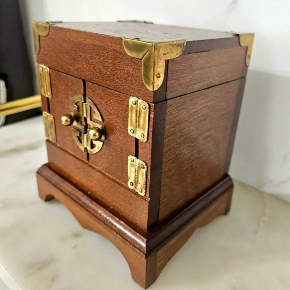 Vintage Asian Style Wooden Trinket Box with Brass Accents and Coasters